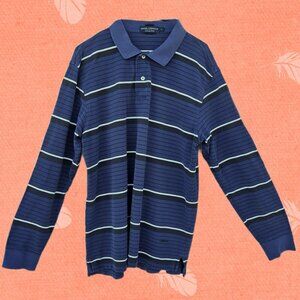 Daniel Cremieux Men's Dk Blu/Blk/White Striped Long Sleeve Cotton Polo Shirt - L